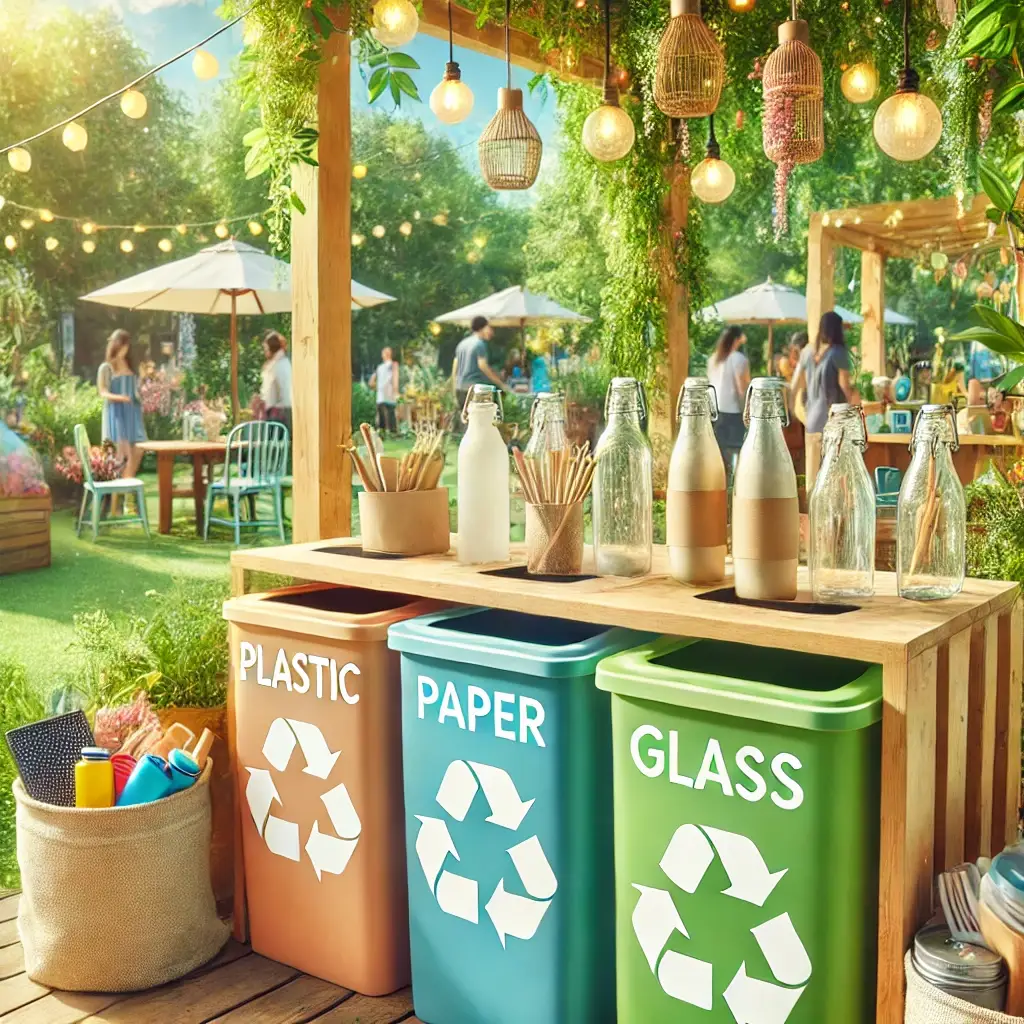 three recyle bin, plastic, paper and glass, many glass bottles on the wood table, in greenery forest place